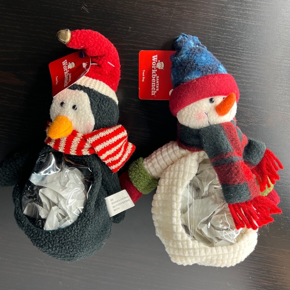Vintage Santa's Workbench Christmas Treat Bags Snowman & Penguin Plush Gift NWT